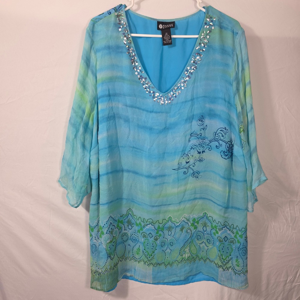 100% Silk Blouse Womens 2X Blue Green Excellent Sequin Floral 736